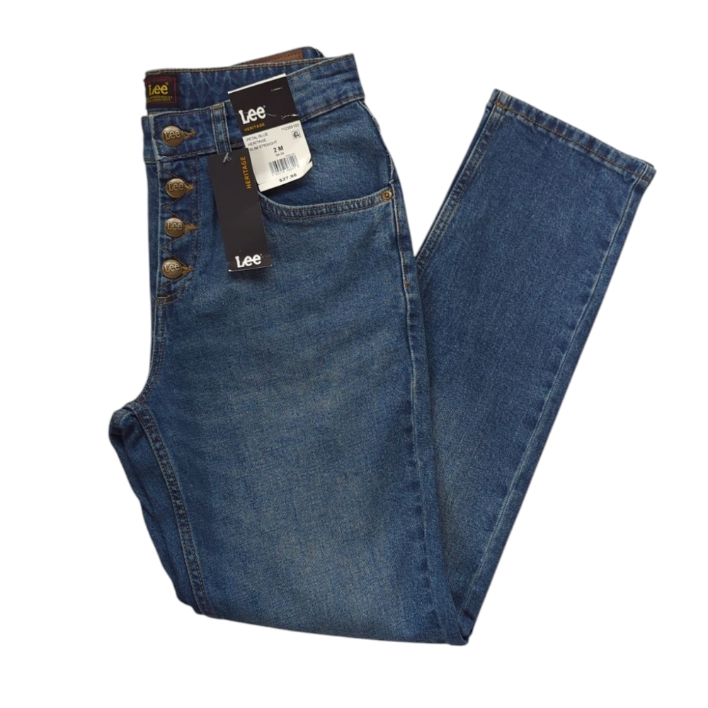 NWT Lee Heritage Button Fly Slim Straight Jeans 2M Blue Pockets